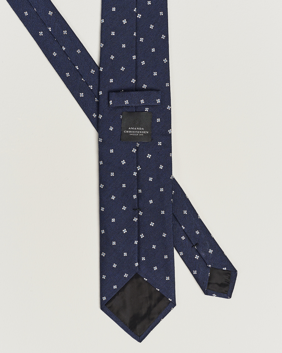 Herre | Amanda Christensen Silk/Wool 8cm Printed Flower Tie Navy | Amanda Christensen | Silk/Wool 8cm Printed Flower Tie Navy