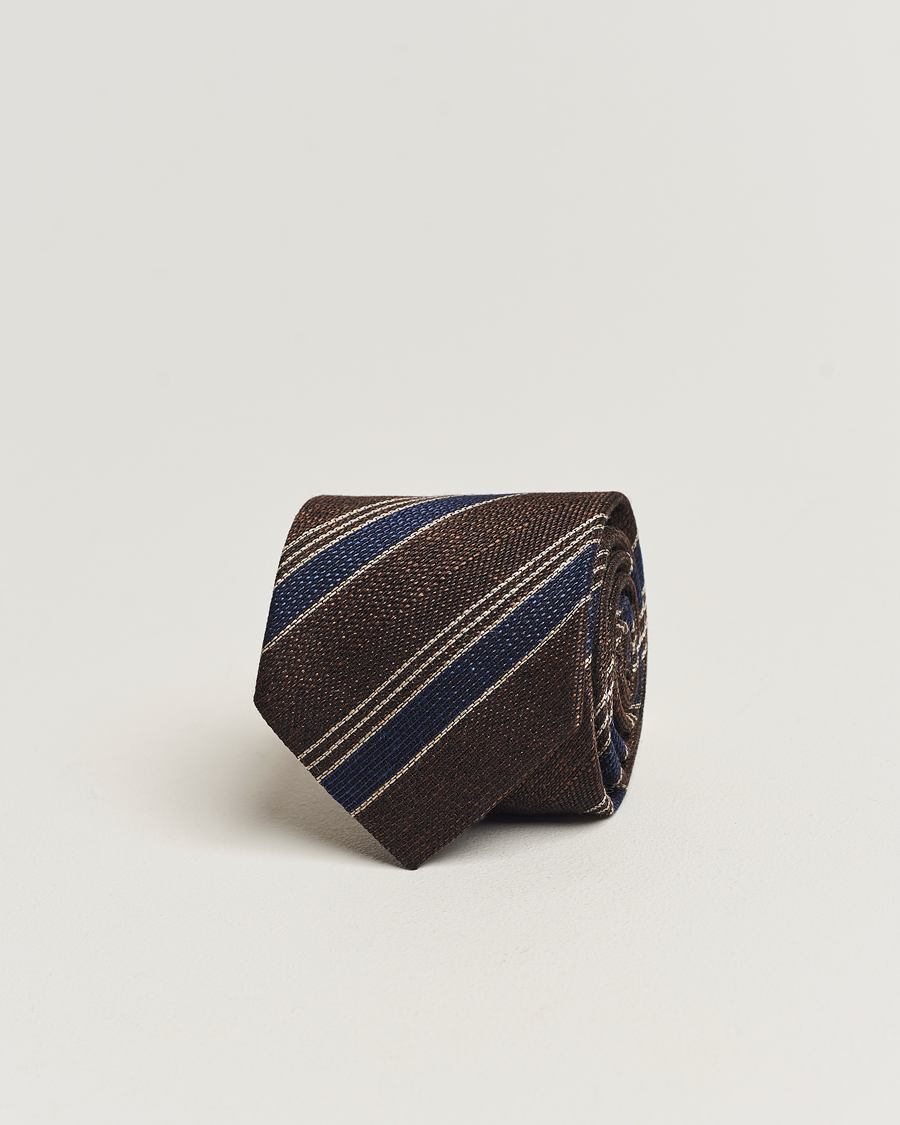 Herre | Amanda Christensen Cotton/Wool/Silk 8cm Regimental Stripe Tie Brown/Navy | Amanda Christensen | Cotton/Wool/Silk 8cm Regimental Stripe Tie Brown/Navy