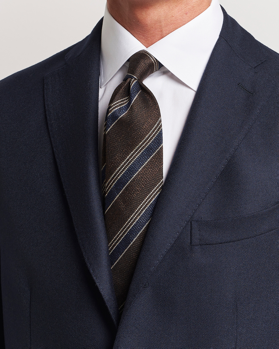 Herre |  | Amanda Christensen | Cotton/Wool/Silk 8cm Regimental Stripe Tie Brown/Navy