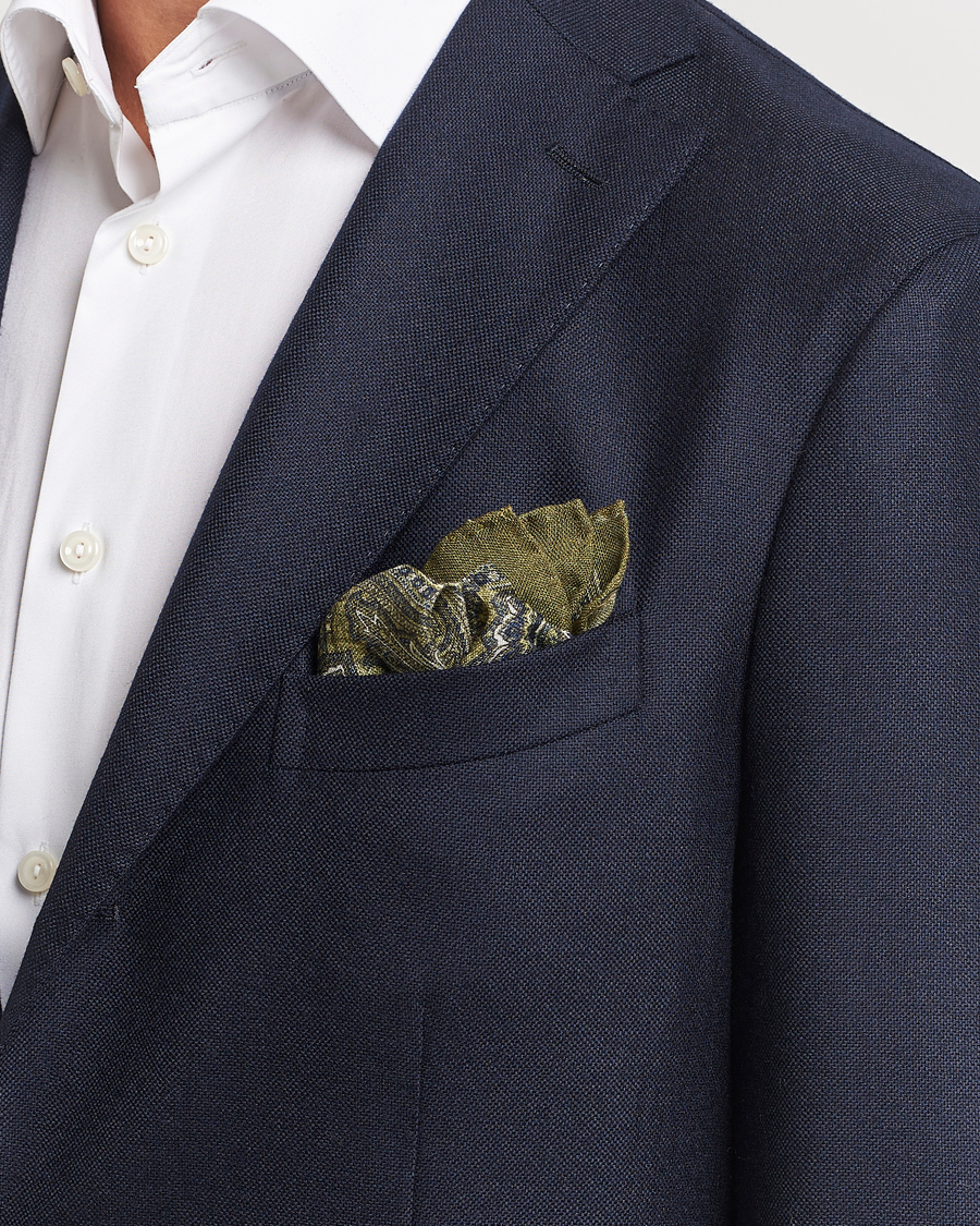 Herre |  | Amanda Christensen | Wool Printed Large Paisley Pocket Square Green Melange