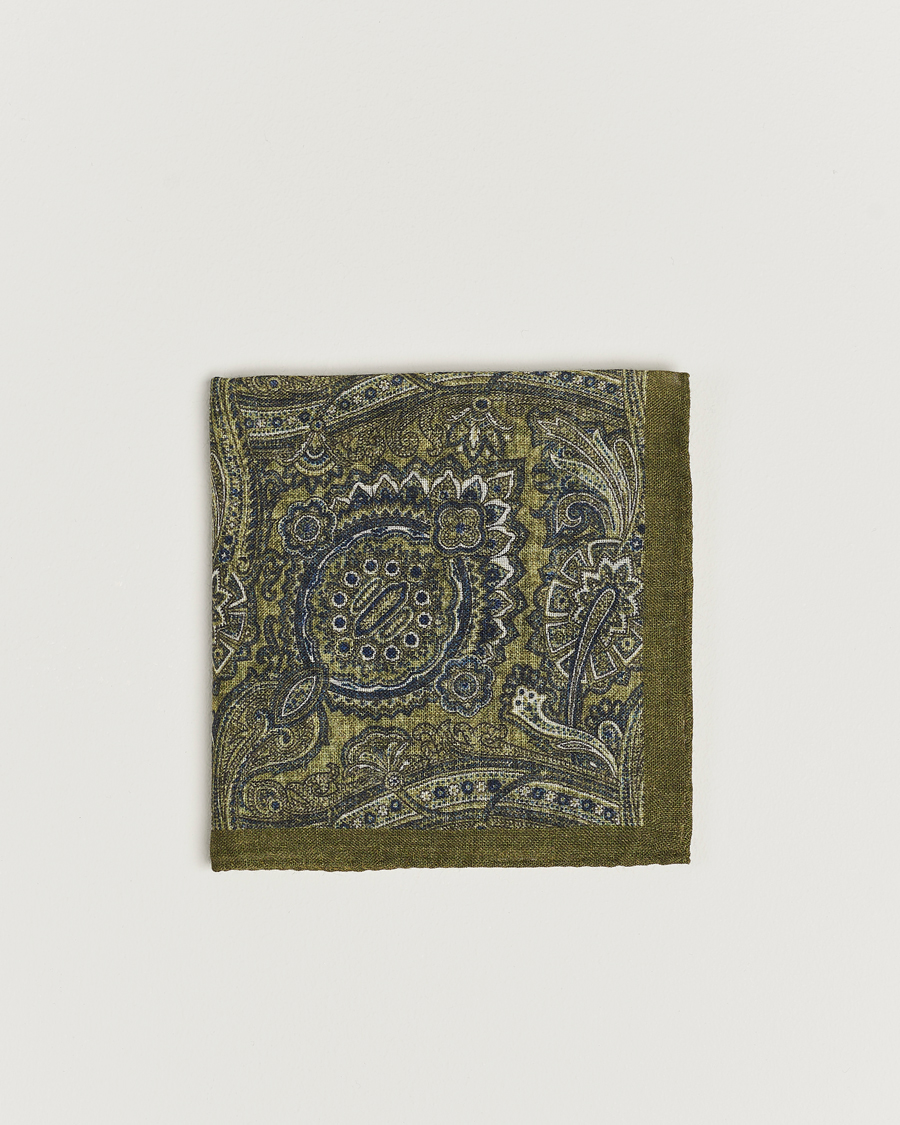 Herre | Amanda Christensen Wool Printed Large Paisley Pocket Square Green Melange | Amanda Christensen | Wool Printed Large Paisley Pocket Square Green Melange