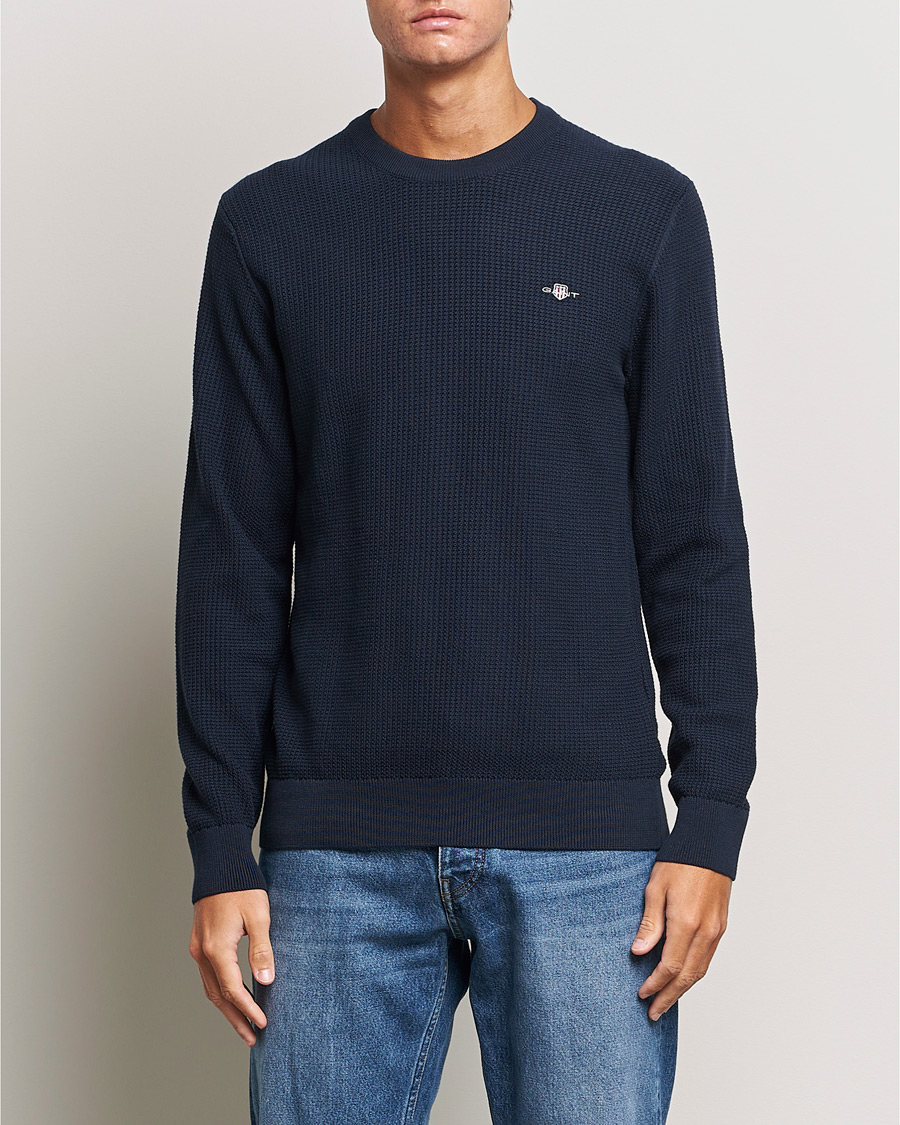 Herre | Gensere | GANT | Cotton Micro Textured Crew Neck Evening Blue