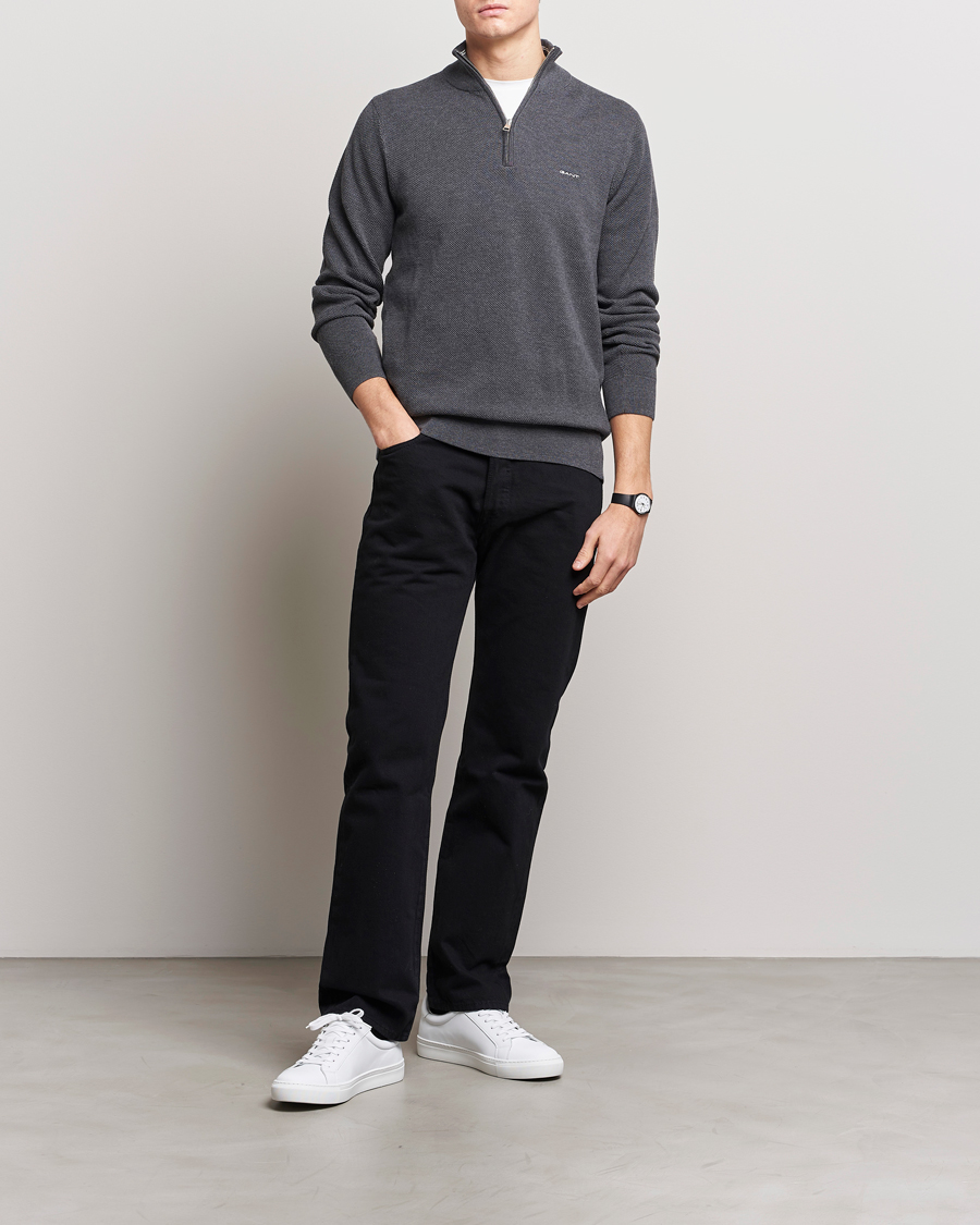 Herre | Gensere | GANT | Cotton Pique Half Zip Antracite