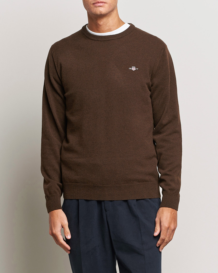 Herre | Gensere | GANT | Lambswool Crew Neck Pullover Dark Brown Melange