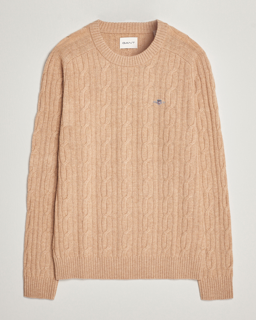 Herre | Gensere | GANT | Lambswool Cable Crew Neck Pullover Khaki Melange