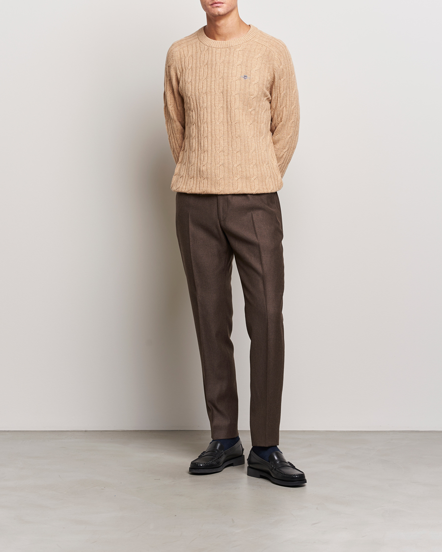 Herre | Gensere | GANT | Lambswool Cable Crew Neck Pullover Khaki Melange