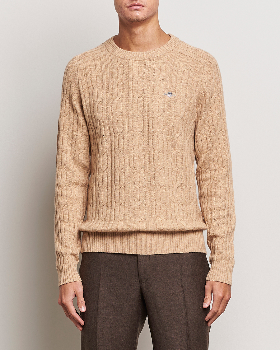 Herre | Gensere | GANT | Lambswool Cable Crew Neck Pullover Khaki Melange