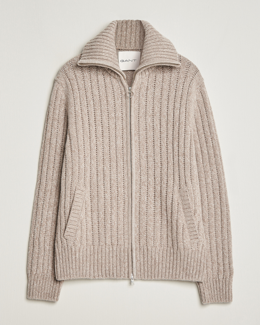 Herre | Gensere | GANT | Heavy Structured Knitted Full Zip Light Beige Melange