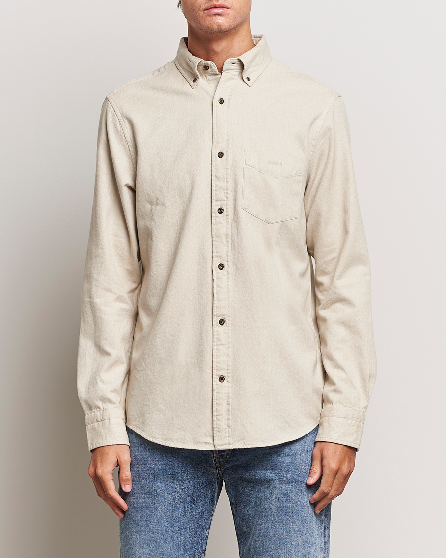 Herre | Skjorter | GANT | Regular Fit Herringbone Flannel Shirt Cold Beige