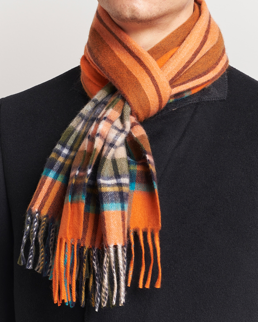Herre | Begg & Co | Begg & Co | Striped/Checked Cashmere Scarf 30*160cm Orange