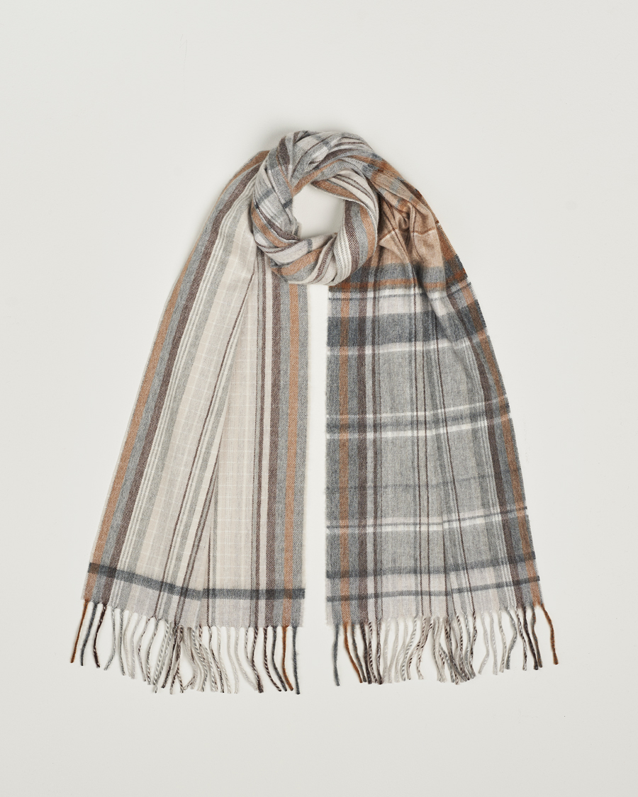 Herre | Begg & Co Striped/Checked Cashmere Scarf 36*183cm Natural Grey | Begg & Co | Striped/Checked Cashmere Scarf 36*183cm Natural Grey