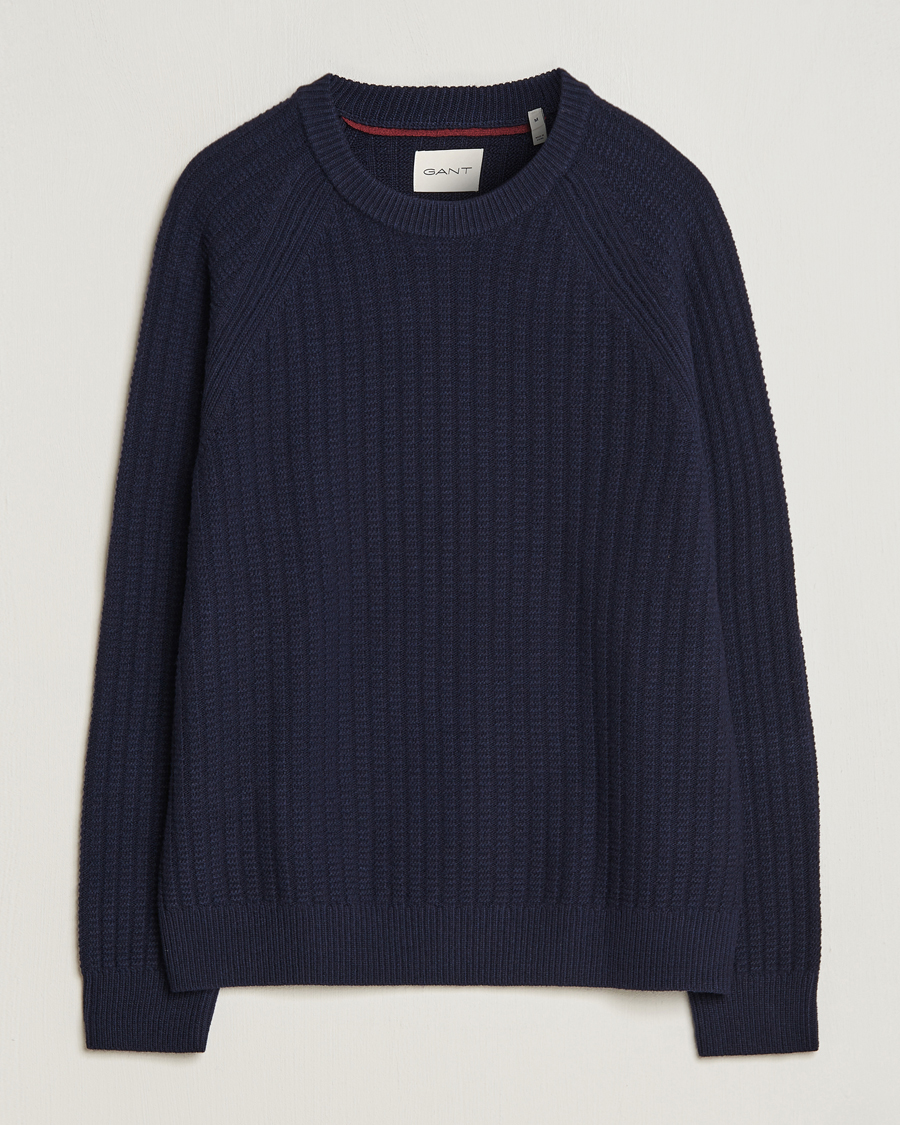 Herre | Gensere | GANT | Textured Raglan Knitted Crew Neck Evening Blue