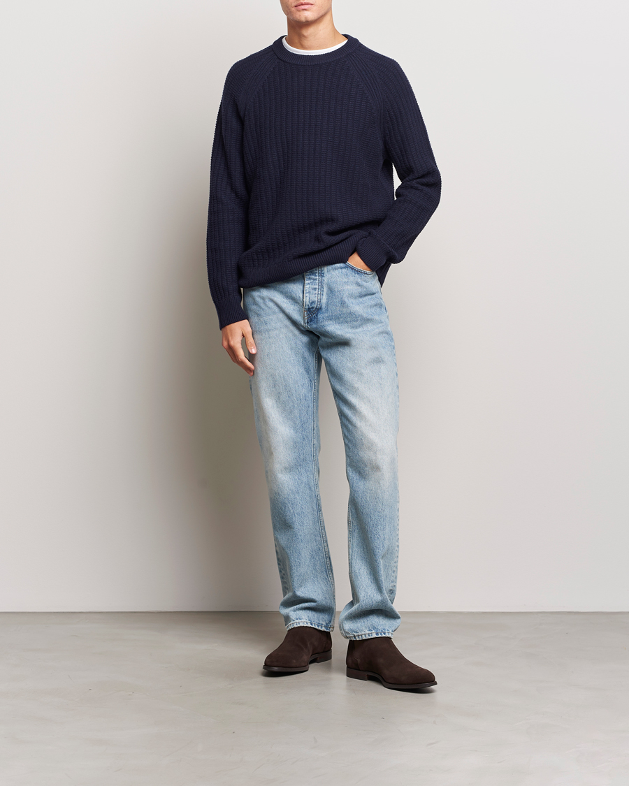 Herre | Gensere | GANT | Textured Raglan Knitted Crew Neck Evening Blue