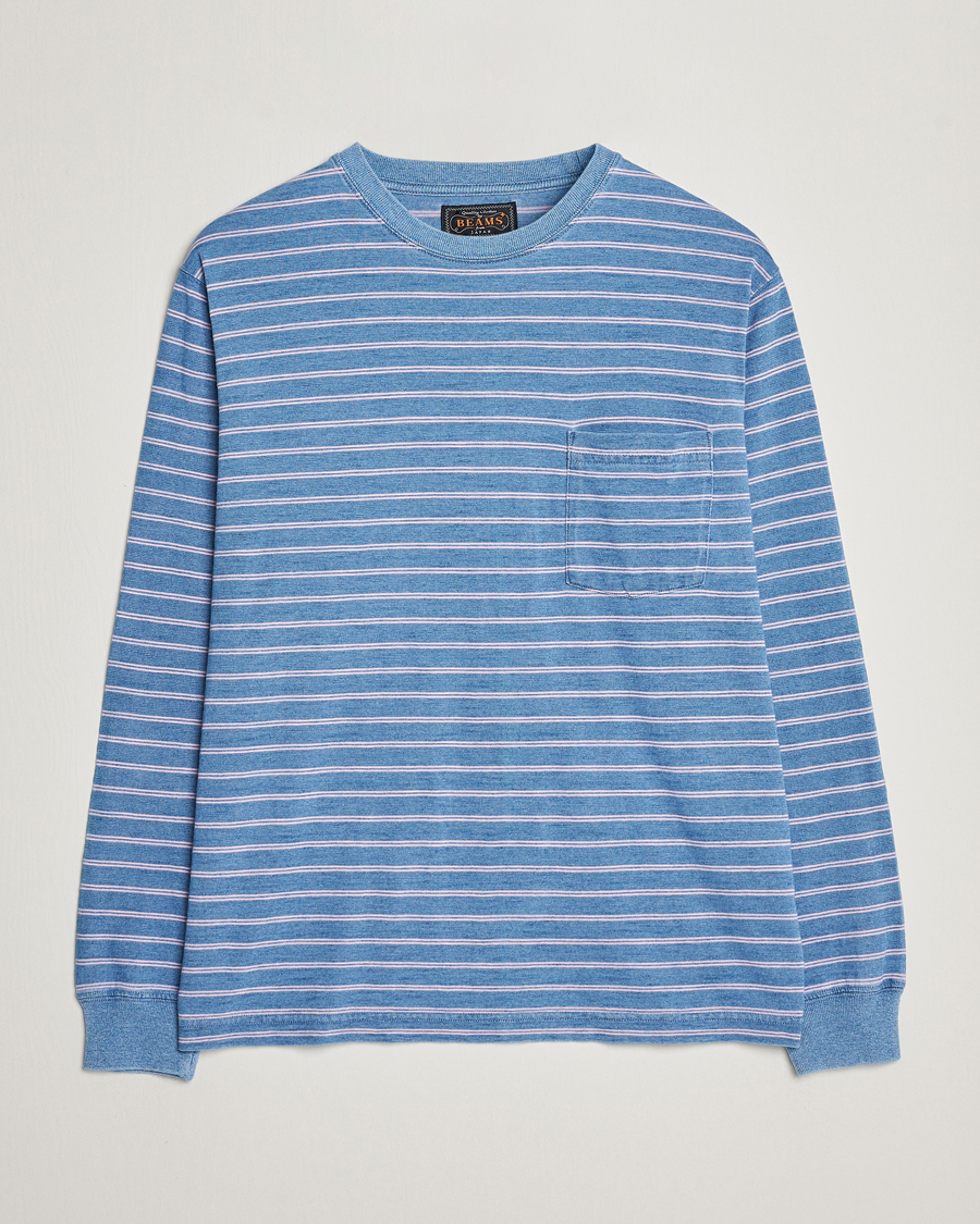 Herre | T-Shirts | BEAMS PLUS | Indigo Stripe Long Sleeve T-Shirt Light Blue