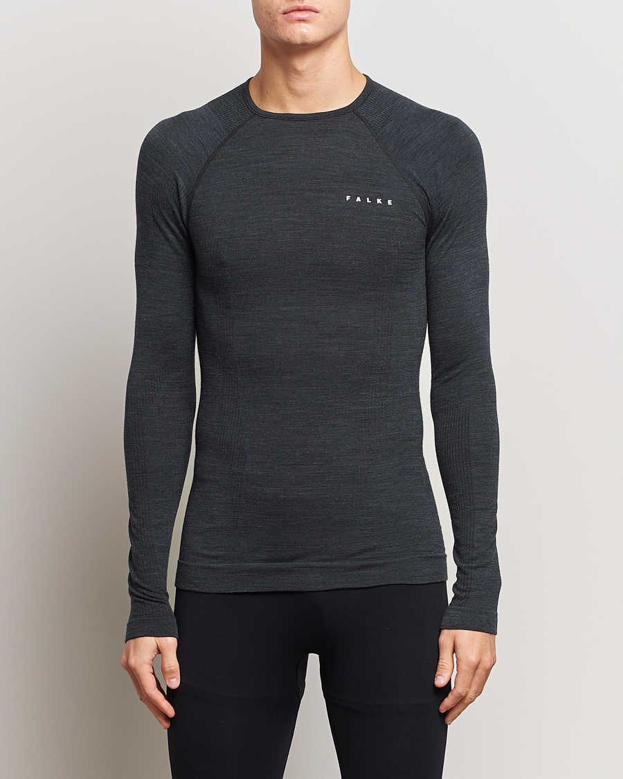 Herre | T-Shirts | Falke | Long Sleeve Wool Tech Shirt Black