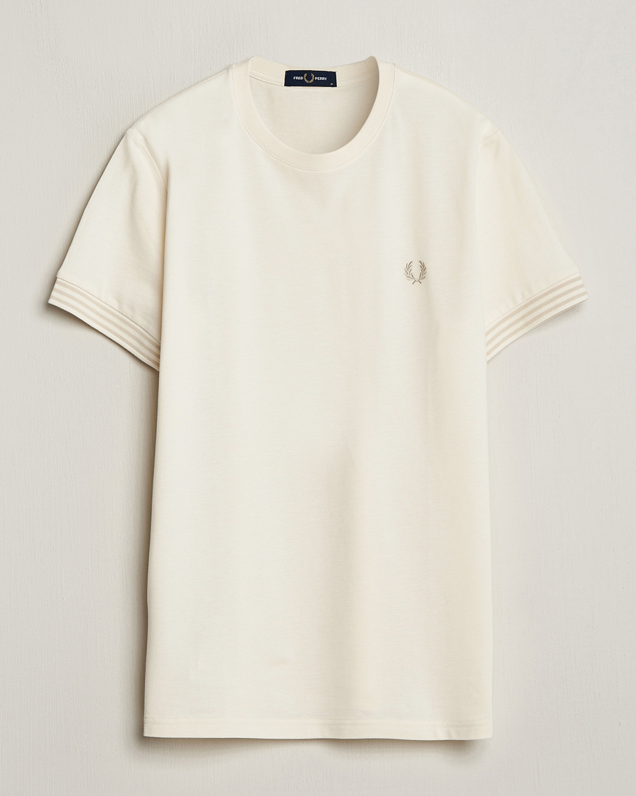 Herre | T-Shirts | Fred Perry | Striped Cuff Crew Neck T-Shirt Ecru