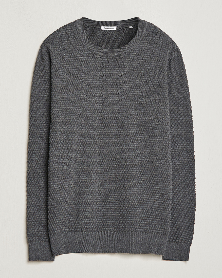 Herre | Gensere | KnowledgeCotton Apparel | Vagn Bubble Knit Cotton Crew Neck Dark Grey Melange