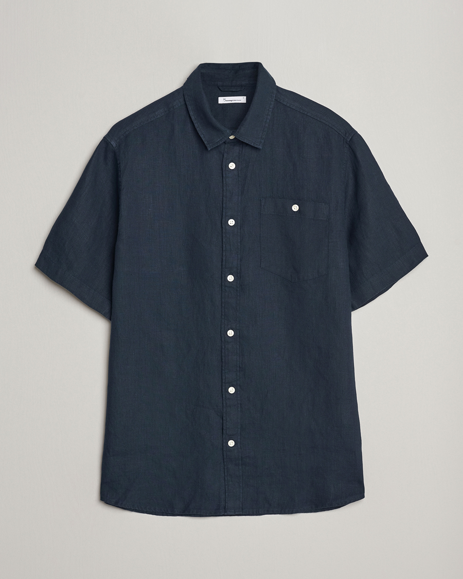 Herre | Skjorter | KnowledgeCotton Apparel | Regular Short Sleeve Linen Shirt Total Eclipse