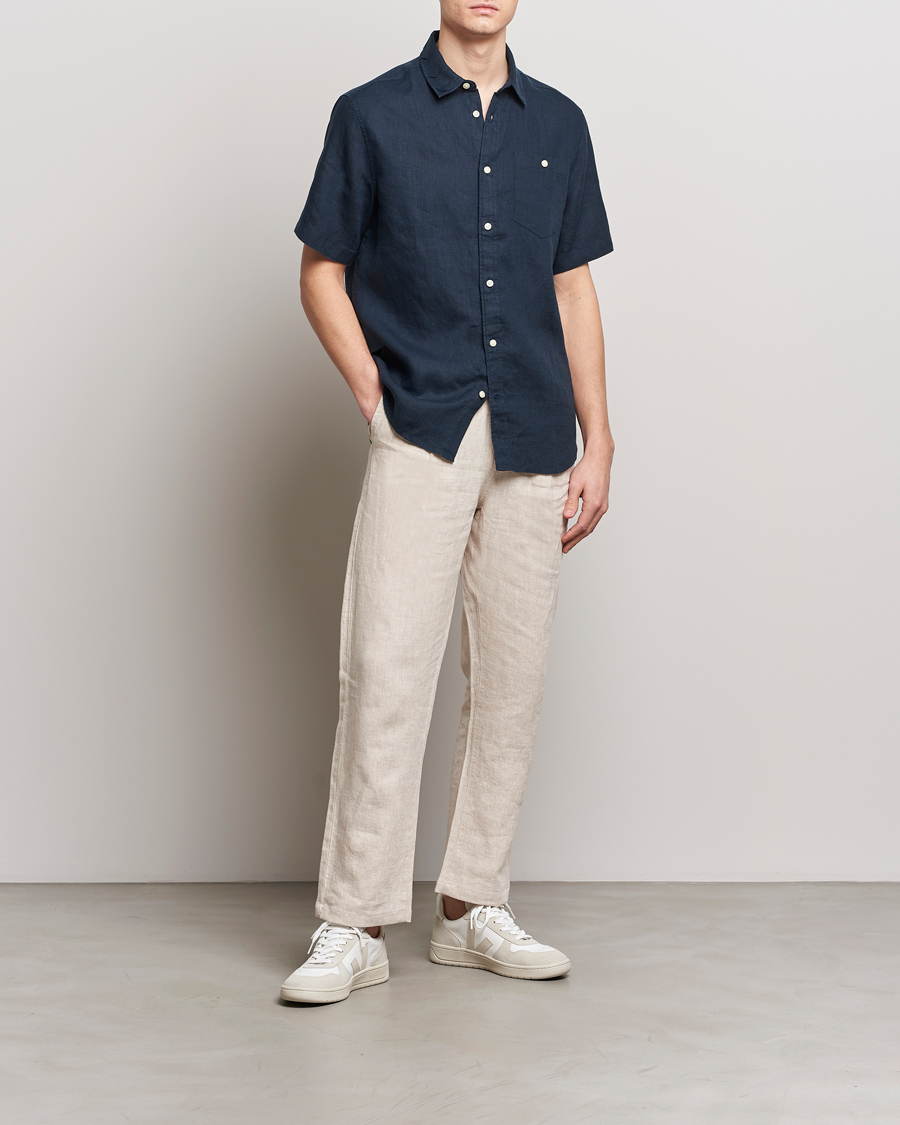 Herre | Skjorter | KnowledgeCotton Apparel | Regular Short Sleeve Linen Shirt Total Eclipse