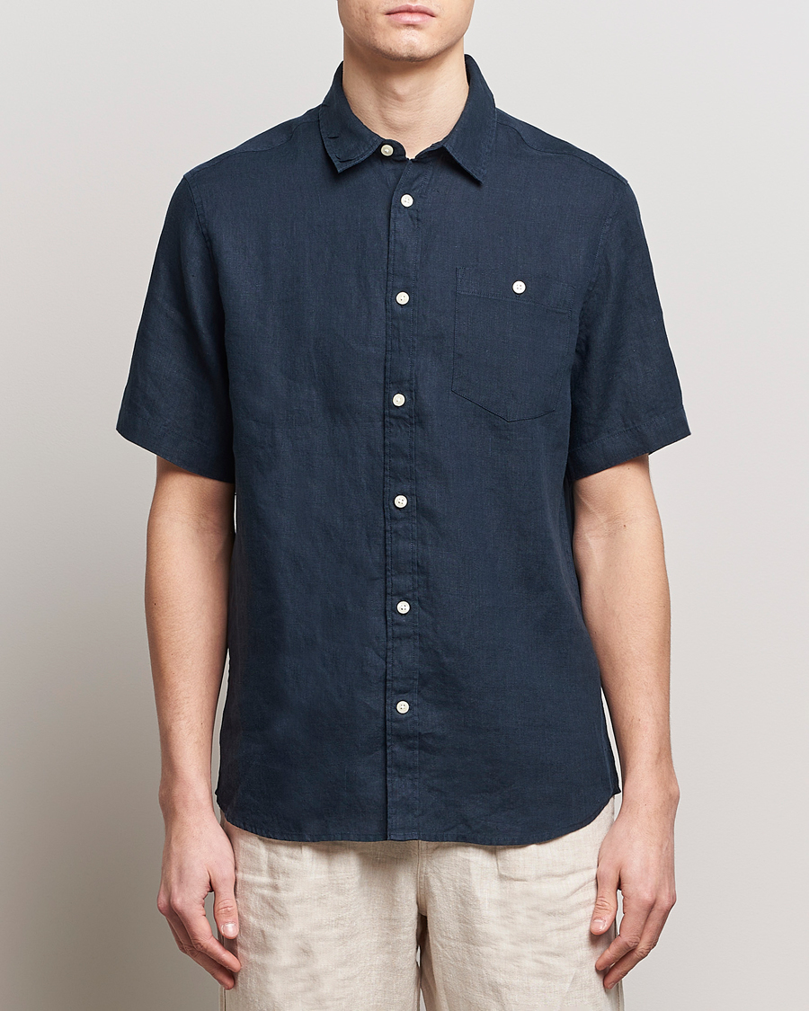 Herre | Tøj | KnowledgeCotton Apparel | Regular Short Sleeve Linen Shirt Total Eclipse