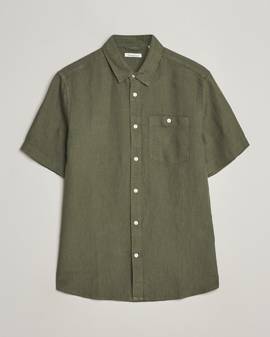 Herre | Skjorter | KnowledgeCotton Apparel | Regular Short Sleeve Linen Shirt Burned Olive