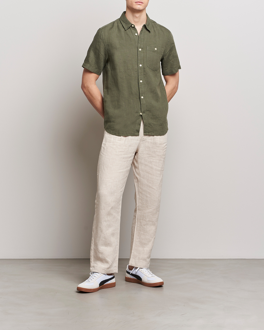 Herre | Skjorter | KnowledgeCotton Apparel | Regular Short Sleeve Linen Shirt Burned Olive