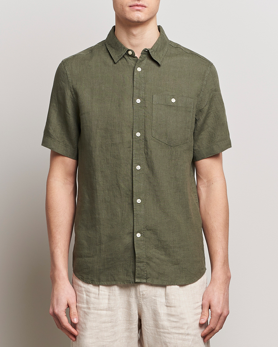 Herre | KnowledgeCotton Apparel | KnowledgeCotton Apparel | Regular Short Sleeve Linen Shirt Burned Olive