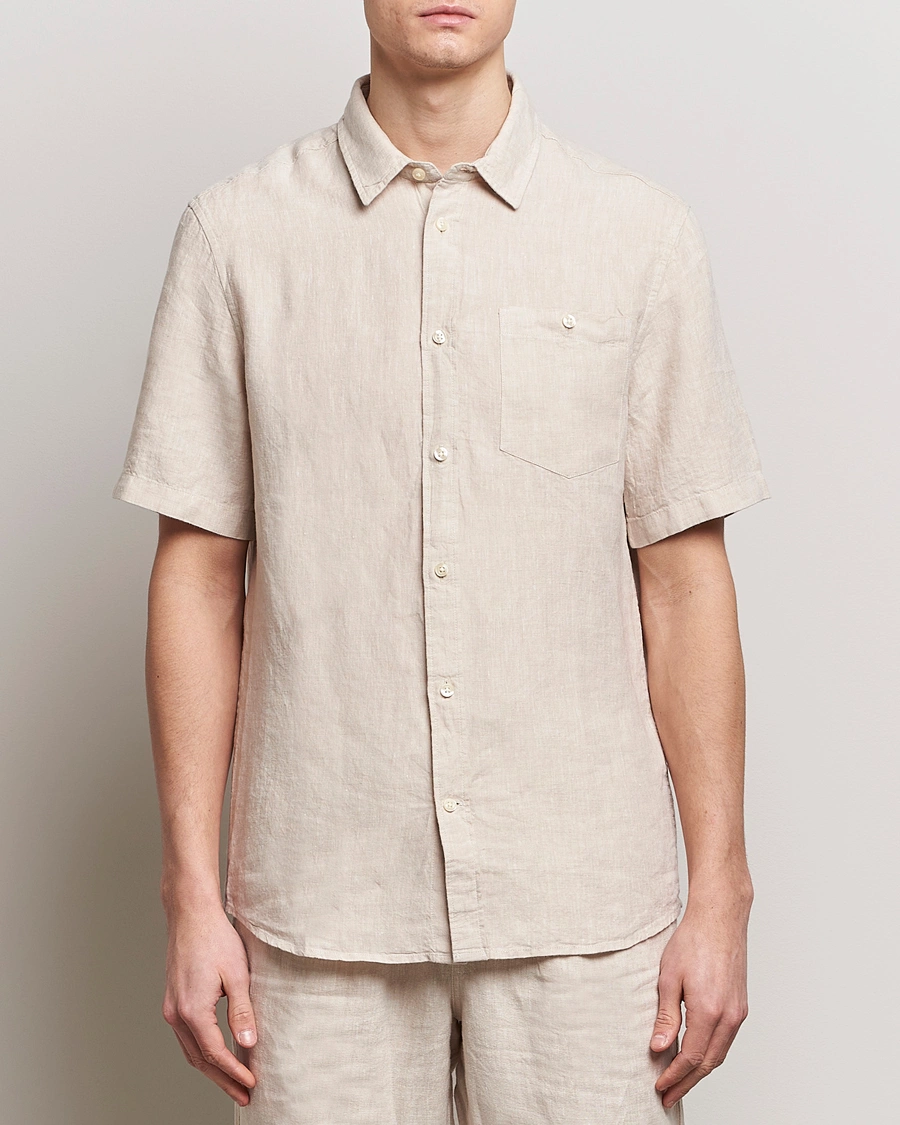 Herre | Klær | KnowledgeCotton Apparel | Regular Short Sleeve Linen Shirt Yarndyed Beige
