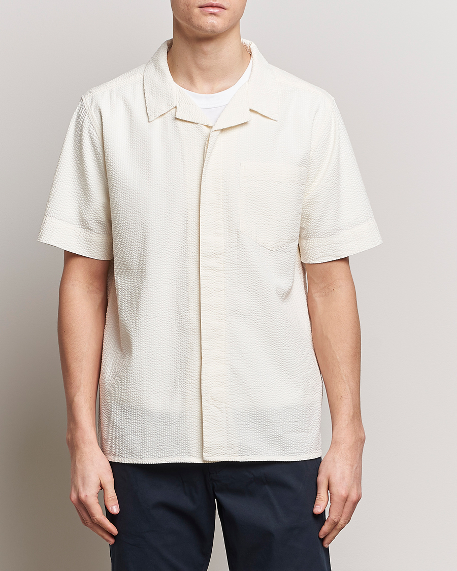 Herre | Kortermede skjorter | KnowledgeCotton Apparel | Short Sleeve Seersucker Shirt Egret