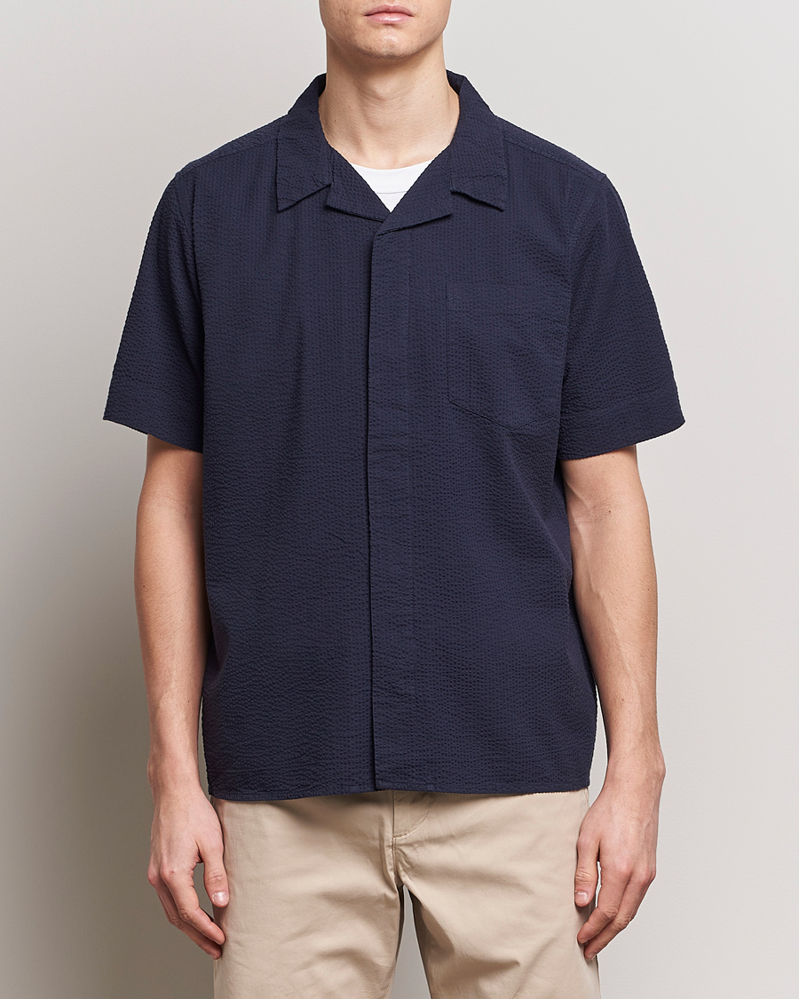 Herr | Kortärmade skjortor | KnowledgeCotton Apparel | Short Sleeve Seersucker Shirt Night Sky