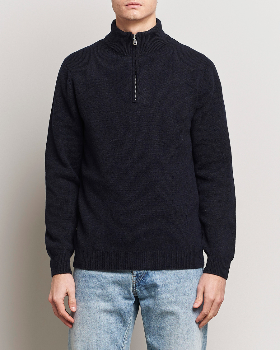 Herre | Gensere | Sunspel | Lambswool Half-Zip Dark Navy Mouline