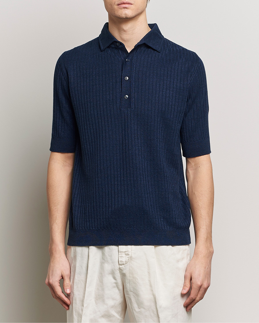 Herre | Pikéer | Lardini | Structured Linen/Cotton Polo Navy