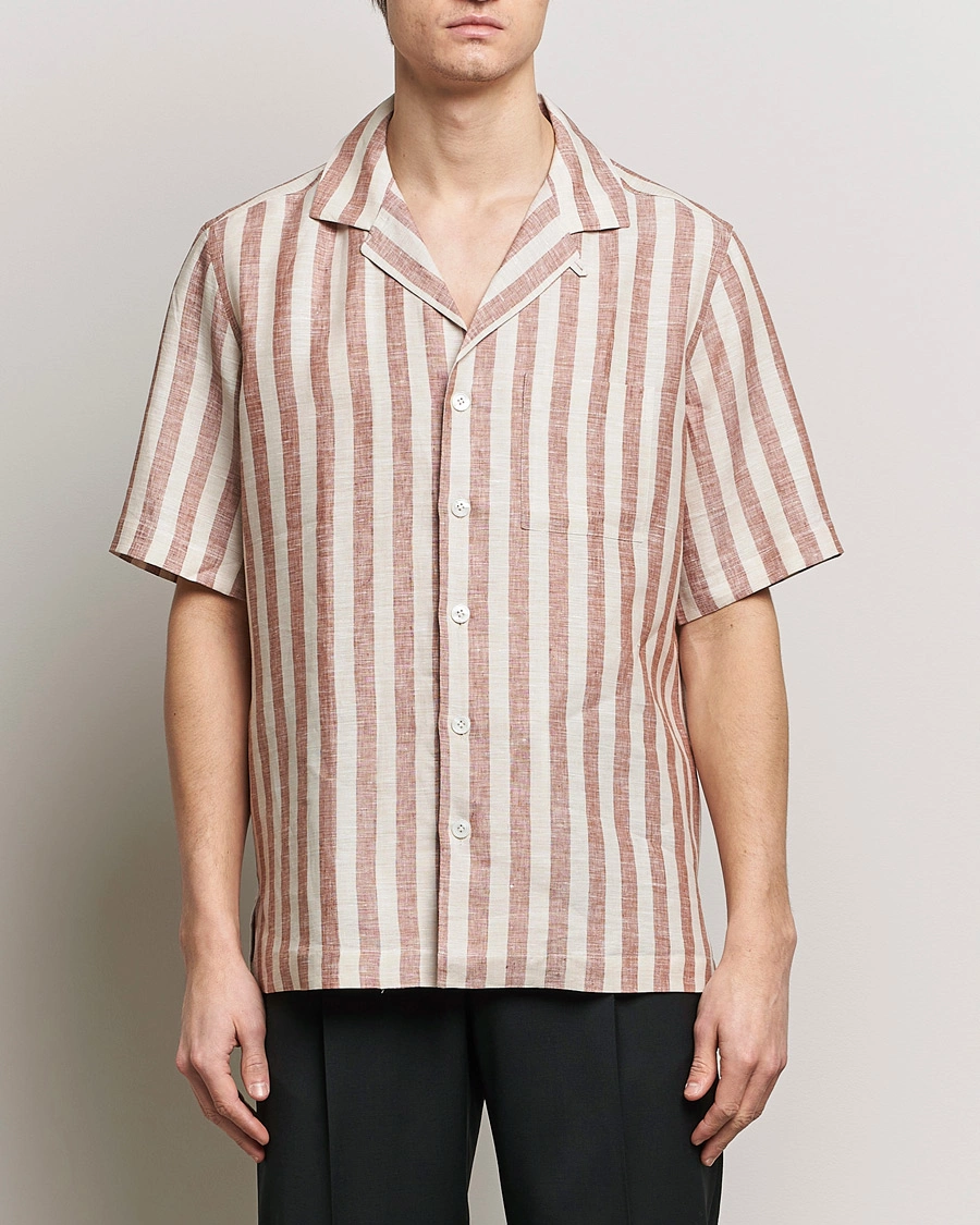 Herre |  | Lardini | Striped Short Sleeve Linen Shirt Beige/Red