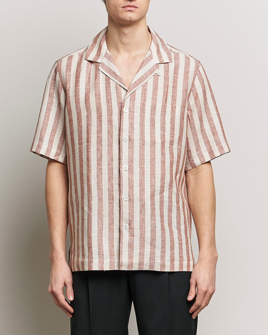 Herre | Klær | Lardini | Striped Short Sleeve Linen Shirt Beige/Red