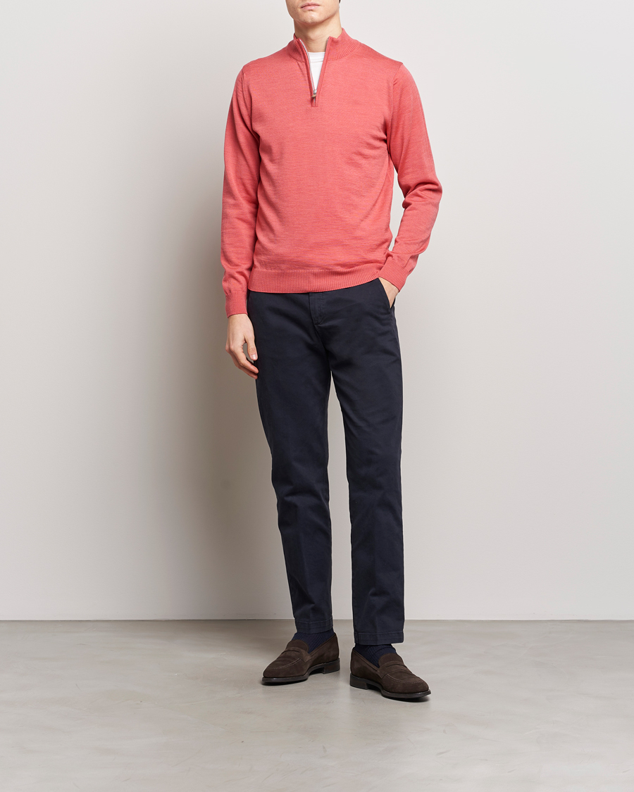 Herre | Gensere | Stenströms | Merino Wool Half Zip Coral Red