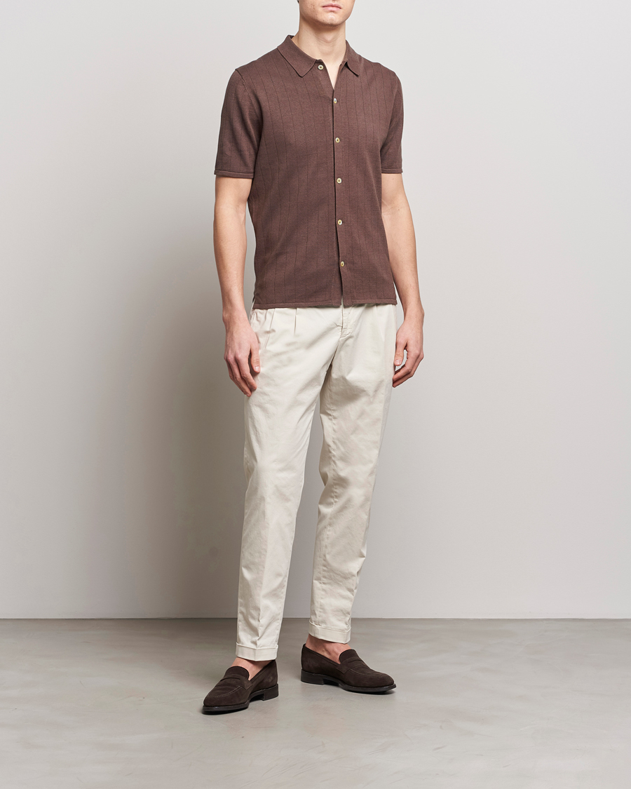 Herre | Pikéer | Stenströms | Linen/Cotton Rib Knitted Buttonthru Shirt Brown