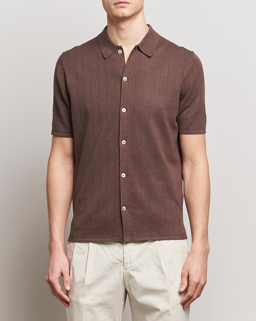 Herre |  | Stenströms | Linen/Cotton Rib Knitted Buttonthru Shirt Brown
