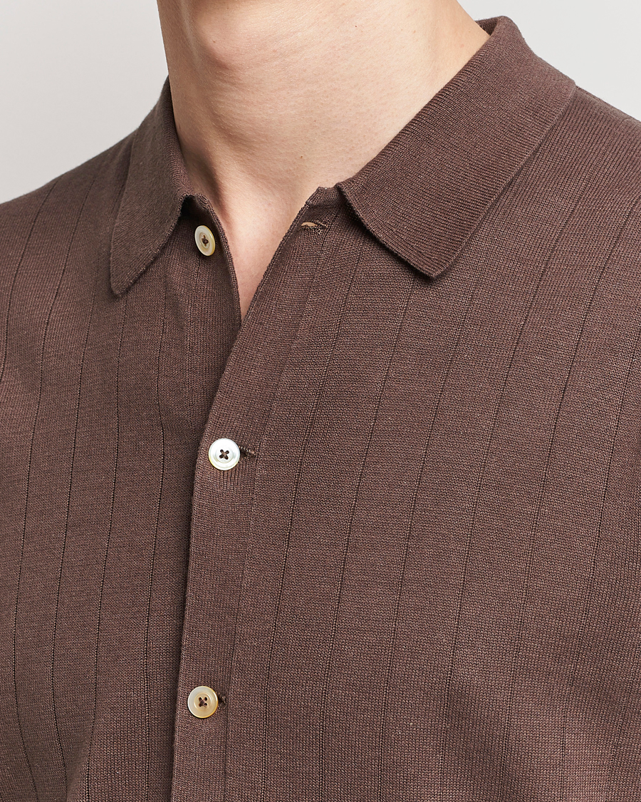 Herre | Pikéer | Stenströms | Linen/Cotton Rib Knitted Buttonthru Shirt Brown