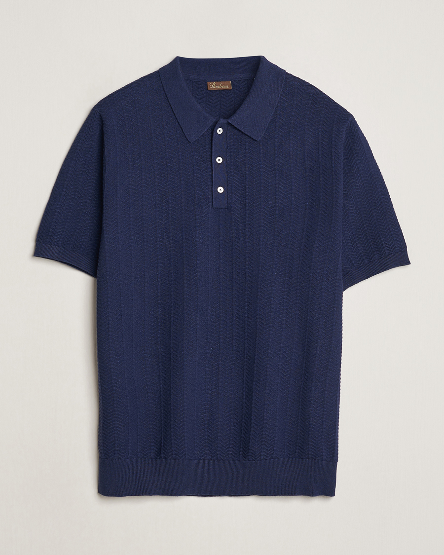 Herre | Pikéer | Stenströms | Linen/Cotton Crochet Knitted Polo Shirt Navy