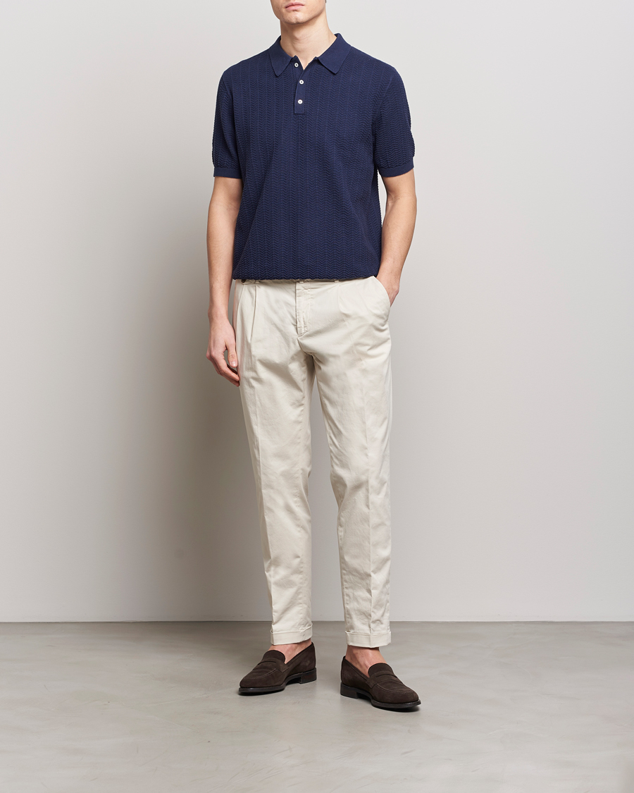 Herre | Pikéer | Stenströms | Linen/Cotton Crochet Knitted Polo Shirt Navy