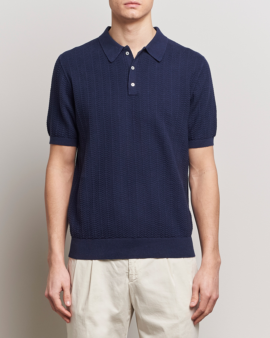 Herre | Plagg i lin | Stenströms | Linen/Cotton Crochet Knitted Polo Shirt Navy