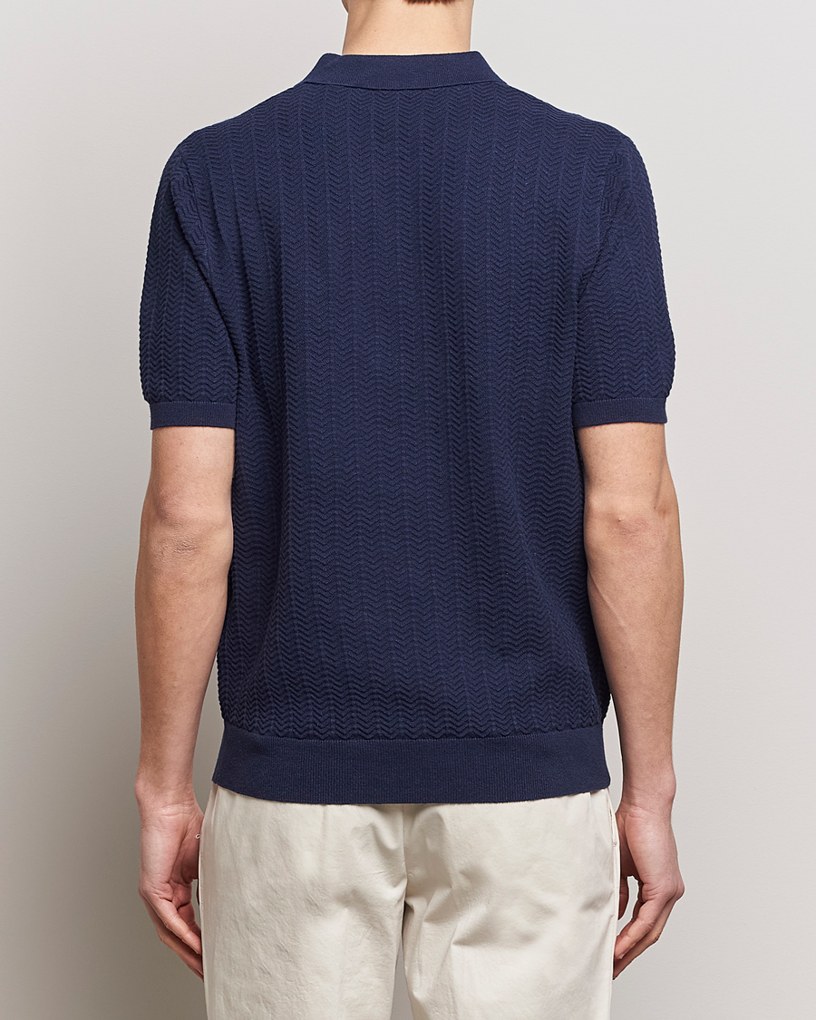 Herre | Pikéer | Stenströms | Linen/Cotton Crochet Knitted Polo Shirt Navy