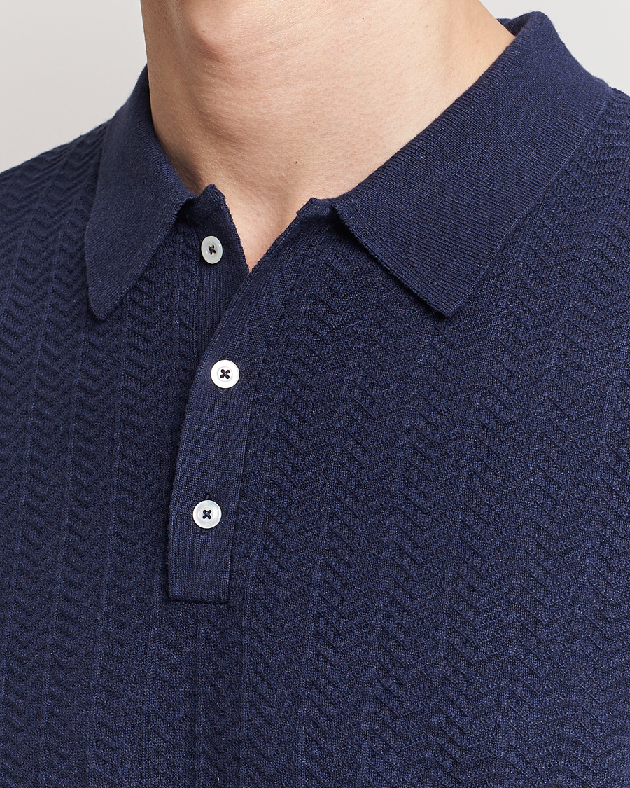 Herre | Pikéer | Stenströms | Linen/Cotton Crochet Knitted Polo Shirt Navy