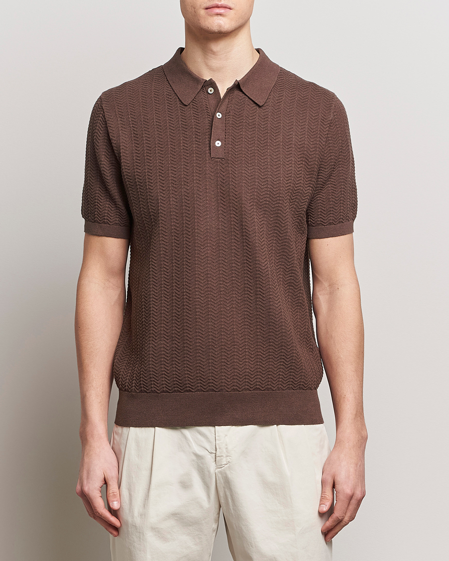 Herre | Business & Beyond | Stenströms | Linen/Cotton Crochet Knitted Polo Shirt Brown