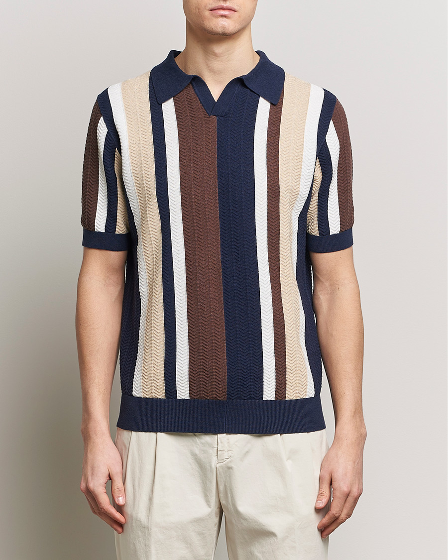 Herre |  | Stenströms | Linen/Cotton Striped Crochet Knitted Polo Multi