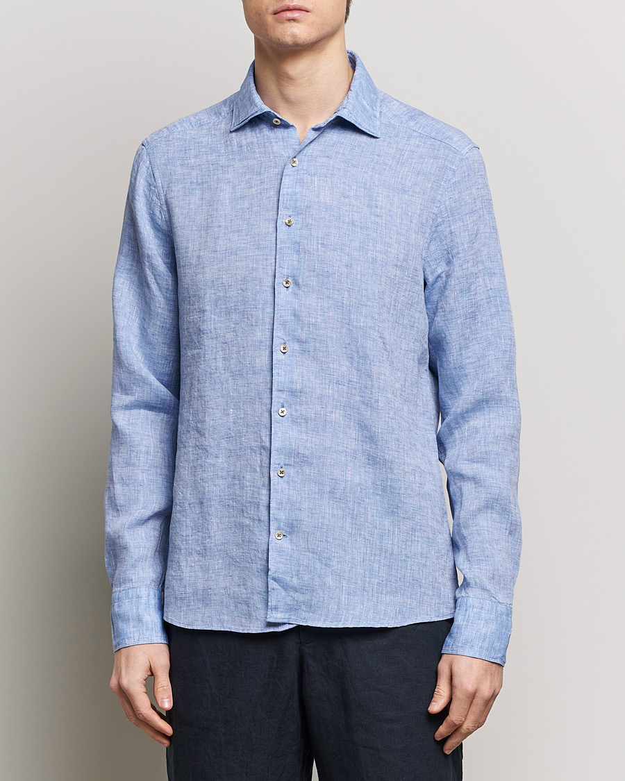 Herre | Casual | Stenströms | Slimline Cut Away Linen Shirt Blue
