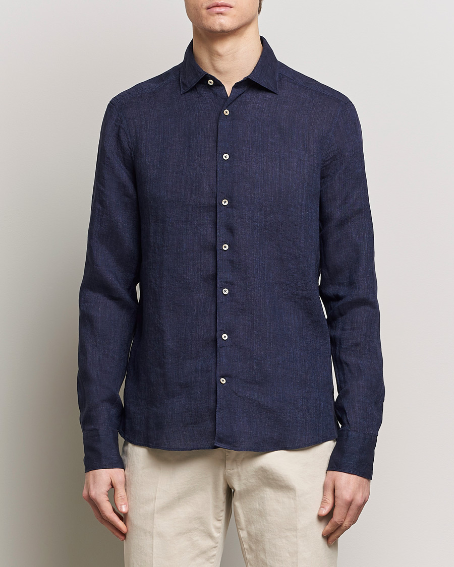 Herre | Klær | Stenströms | Slimline Cut Away Linen Shirt Navy