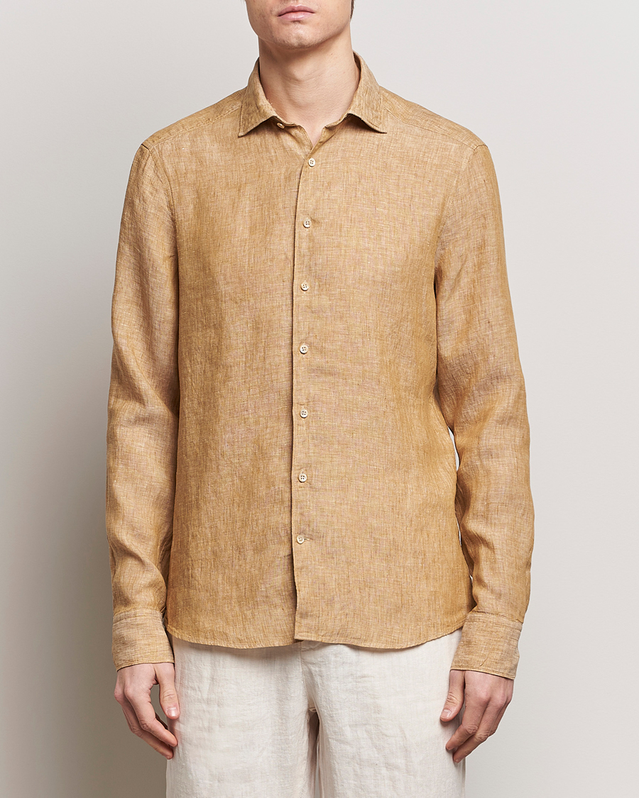 Herr |  | Stenströms | Slimline Cut Away Linen Shirt Brown