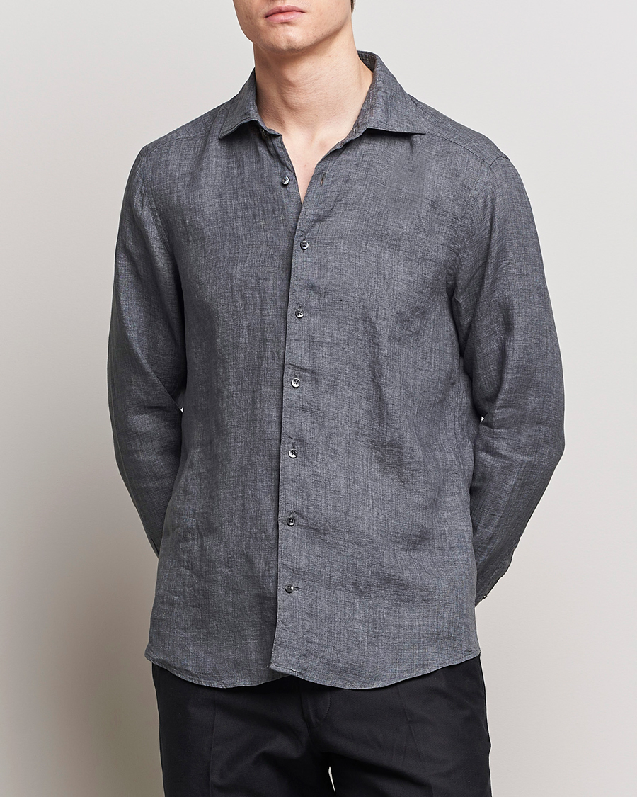 Herre | Plagg i lin | Stenströms | Slimline Cut Away Linen Shirt Dark Grey