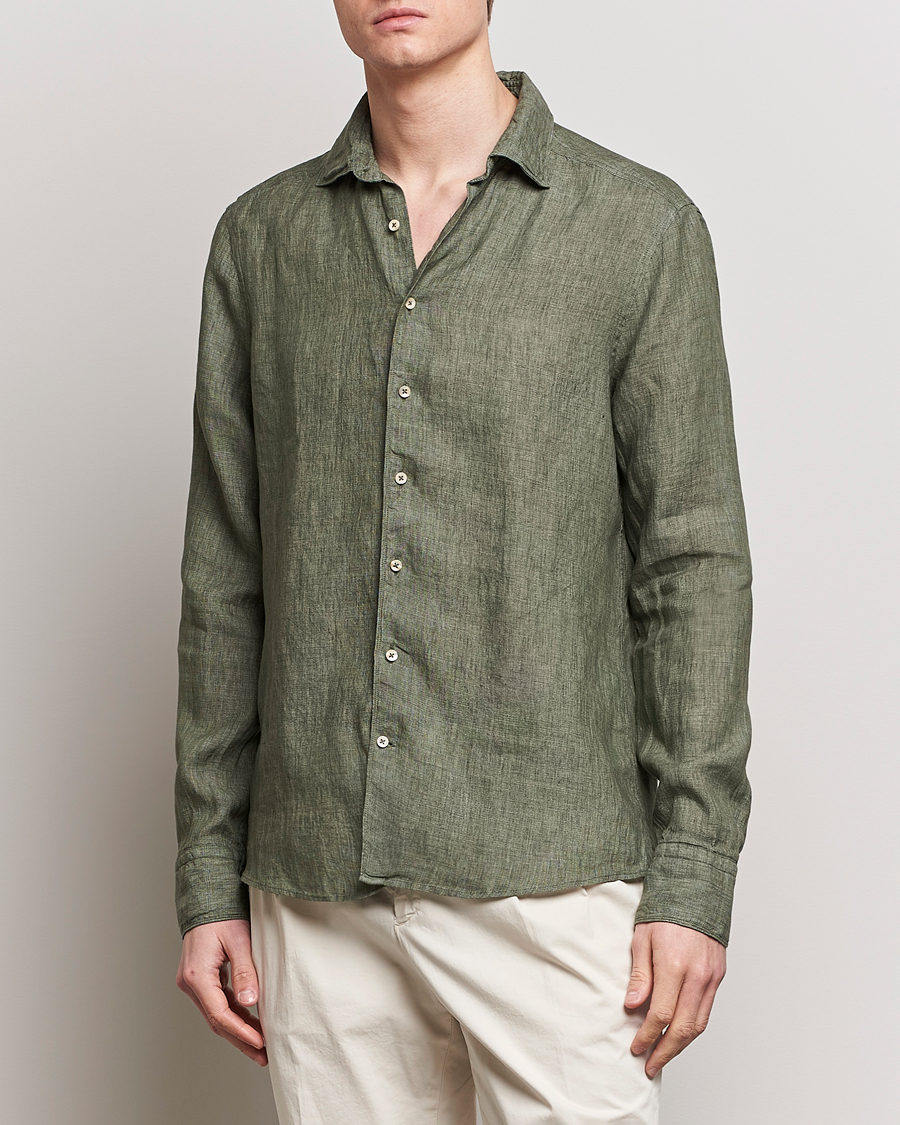 Herre | Klær | Stenströms | Slimline Cut Away Linen Shirt Olive